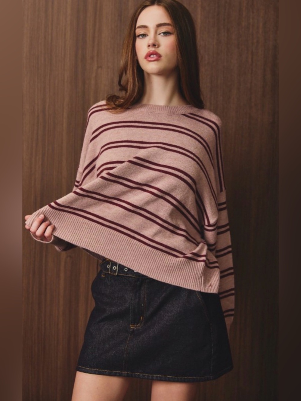 Le Lis Dusty Pink Sweater with Burgundy Stripes